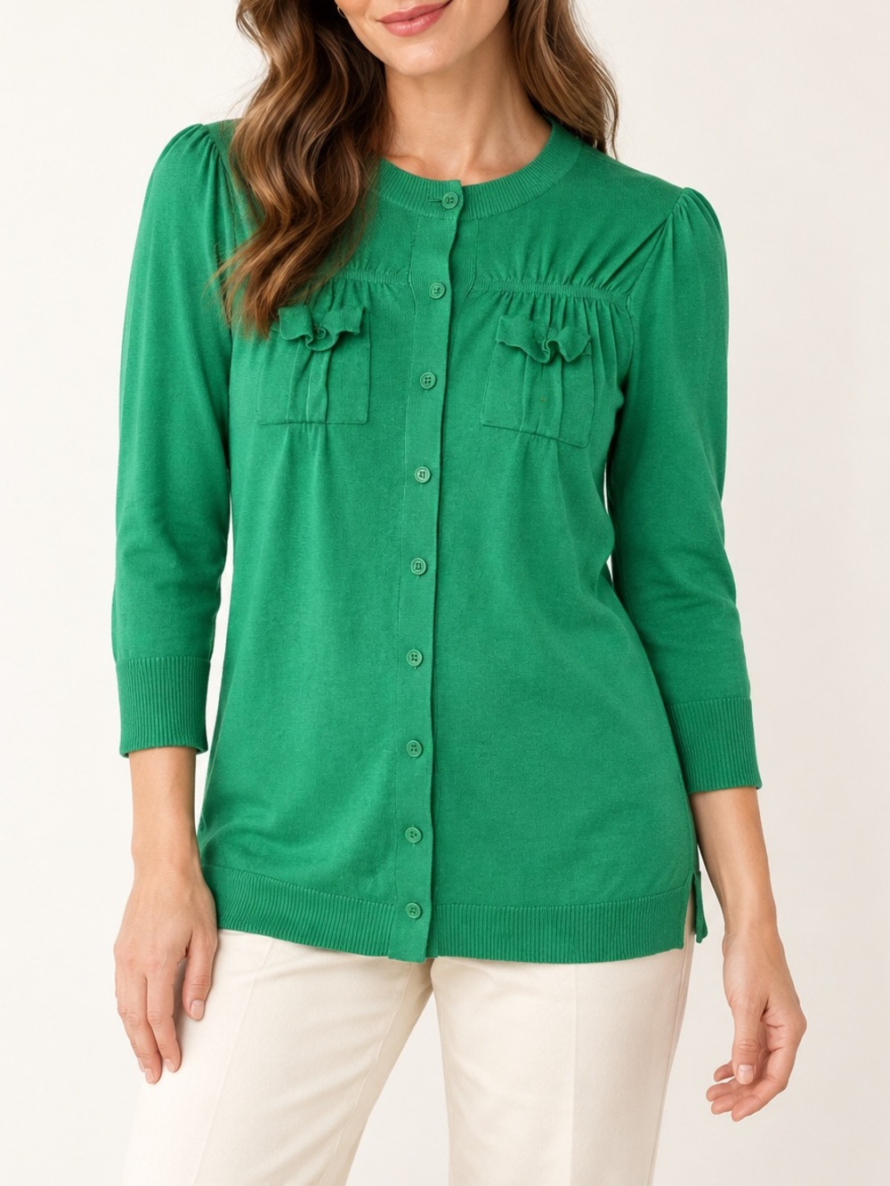 Green Women's Button-Front Cardigan with Ruffle Pocket Detail